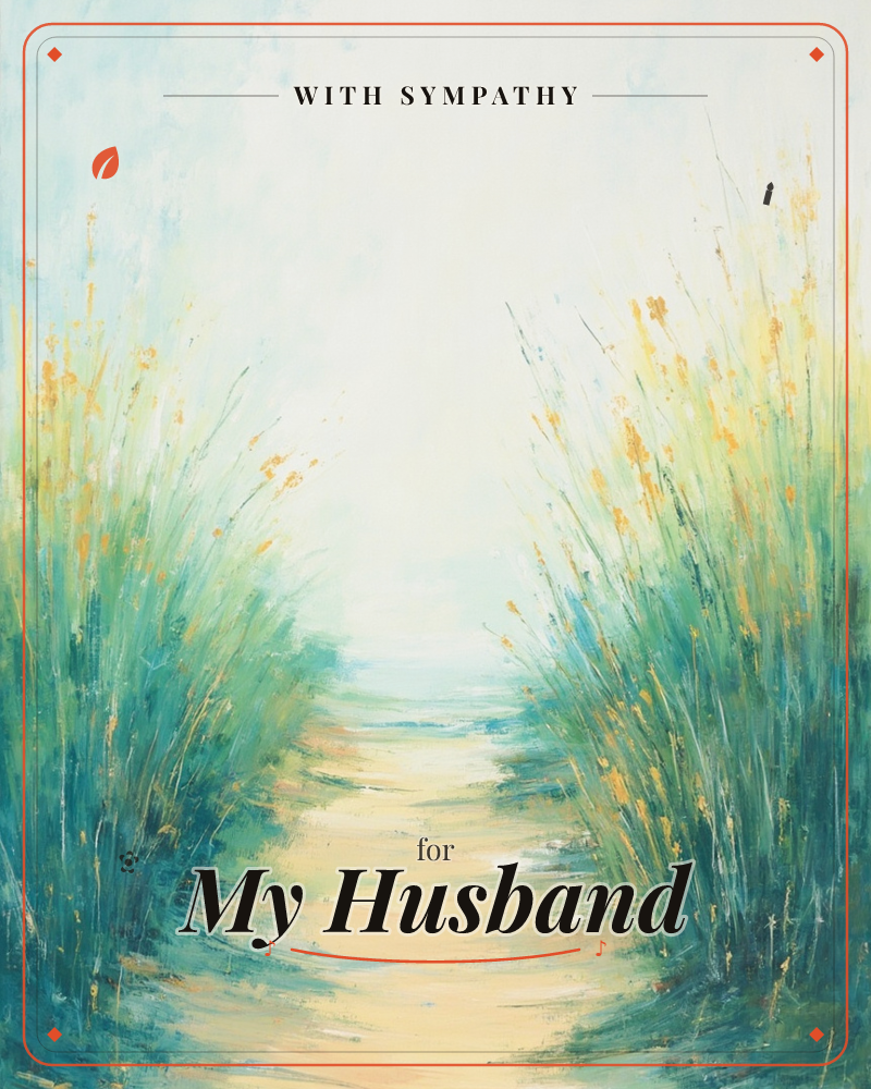 A sandy path winds between tall dune grasses toward a pale, hazy horizon where sea and sky blur together, a sympathy e-card design