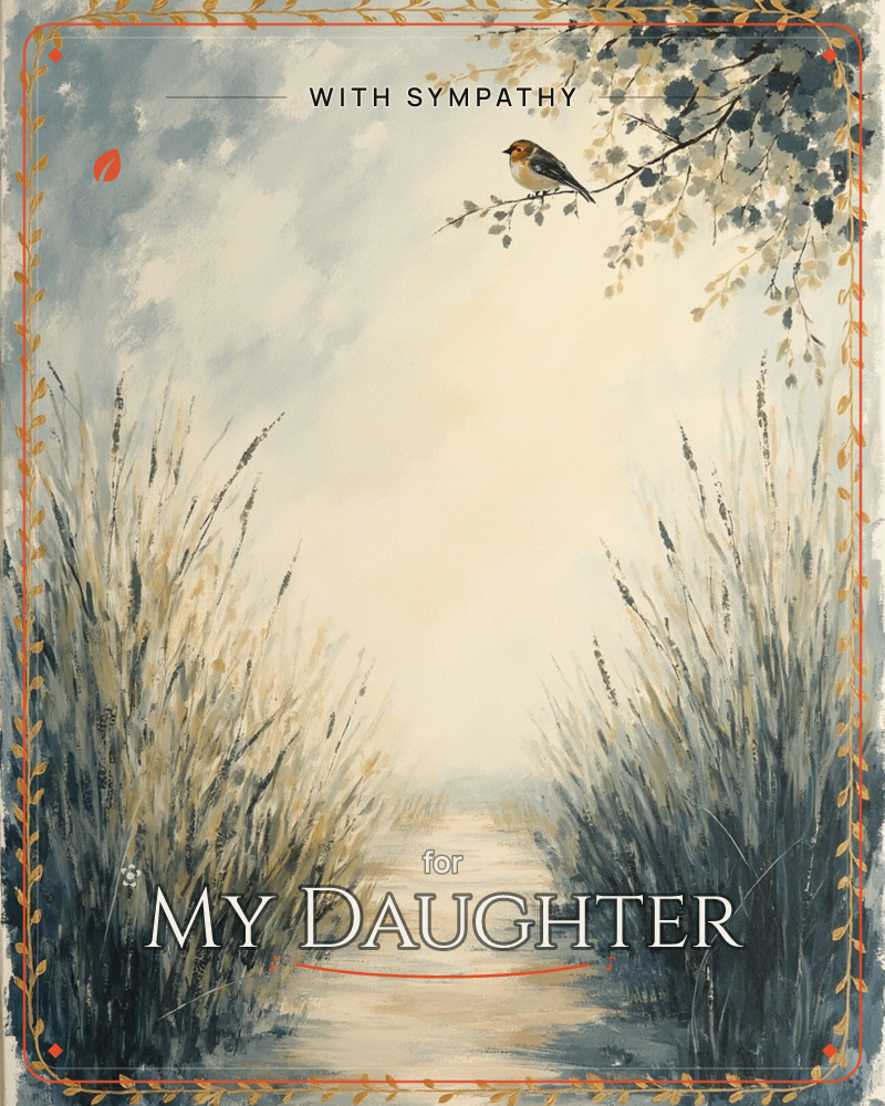 A painted path winds between tall grasses toward a soft, glowing horizon, while a small orange-throated bird perches on a leafy branch overhead, a sympathy e-card design