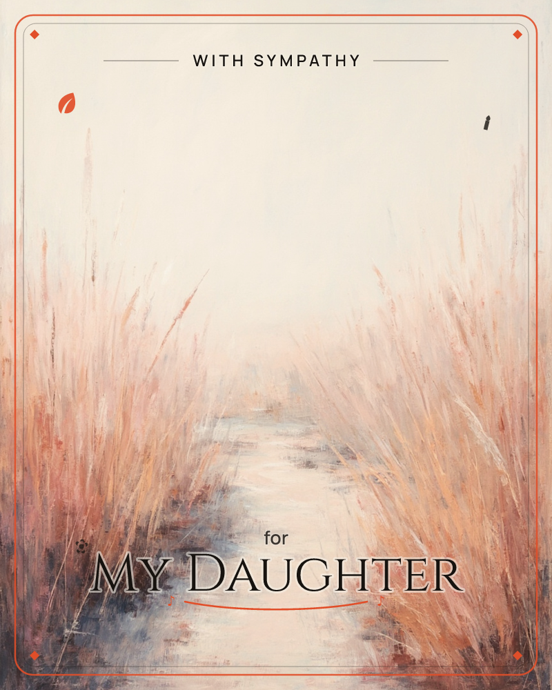 A quiet marsh channel cuts between tall reeds and grasses, their feathery tips catching a soft peach-toned light, a sympathy e-card design