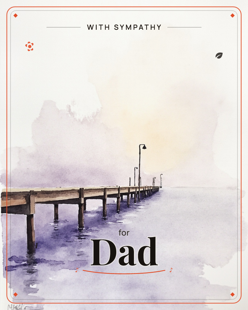 A wooden pier stretches out into a still, misty bay, its row of lampposts fading into a soft haze of lavender and pale gold, a sympathy e-card design
