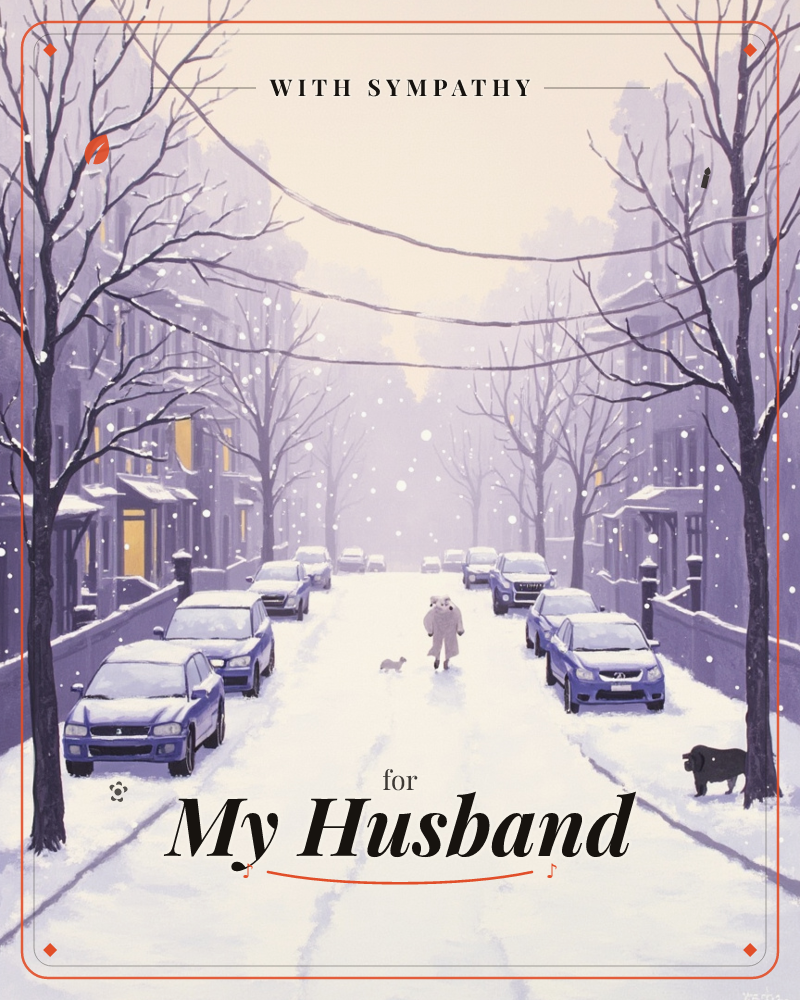 A quiet city street lies buried in fresh snow, lined with parked cars and bare trees dusted white, a sympathy e-card design