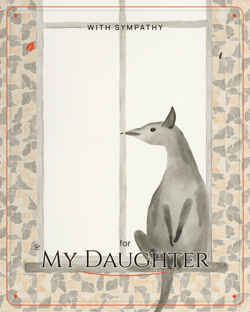 A slender grey dog sits upright on a windowsill, gazing out through a bare, sunlit window pane, a sympathy e-card design