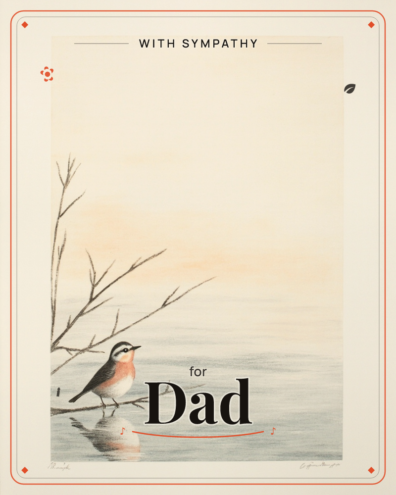 A small robin-like bird with a peach-blushed breast perches on a bare, sparse branch beside a still expanse of water, a sympathy e-card design