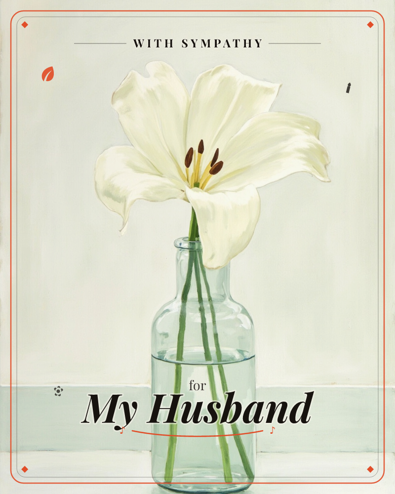 A single white lily rests in a small glass bottle half-filled with water, its petals fully open to reveal deep red-brown stamens, a sympathy e-card design