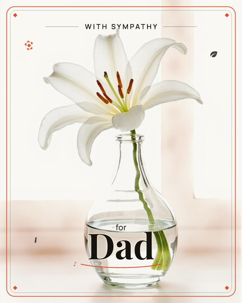 A single white lily rests in a small round glass vase, its stem visible through the clear water, a sympathy e-card design