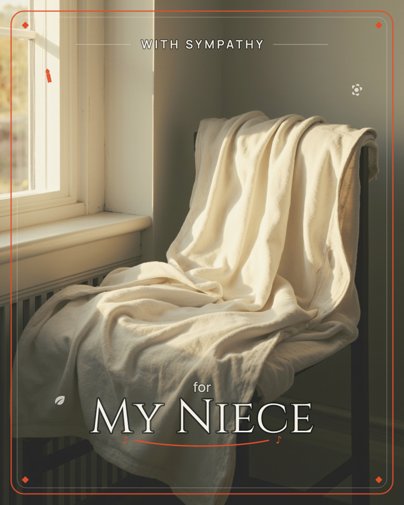 A cream linen throw is draped loosely over a black metal chair beside a window, its folds catching soft afternoon light, a sympathy e-card design