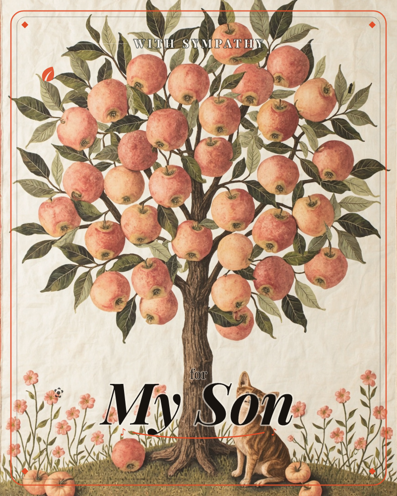 A single apple tree stands heavy with rosy fruit and dark green leaves, its branches rounded into a full, symmetrical crown, a sympathy e-card design