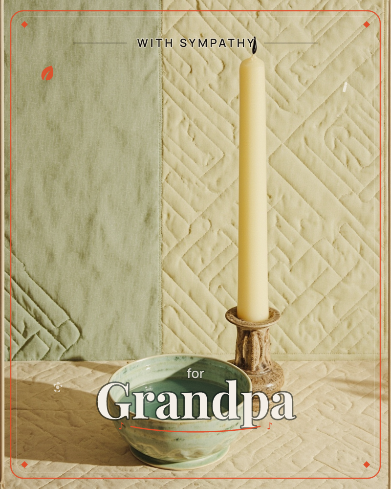 A tall pale candle stands unlit-wick-dark in a small stone candlestick beside a shallow ceramic bowl of water, set against a quilted fabric backdrop…, a sympathy e-card design