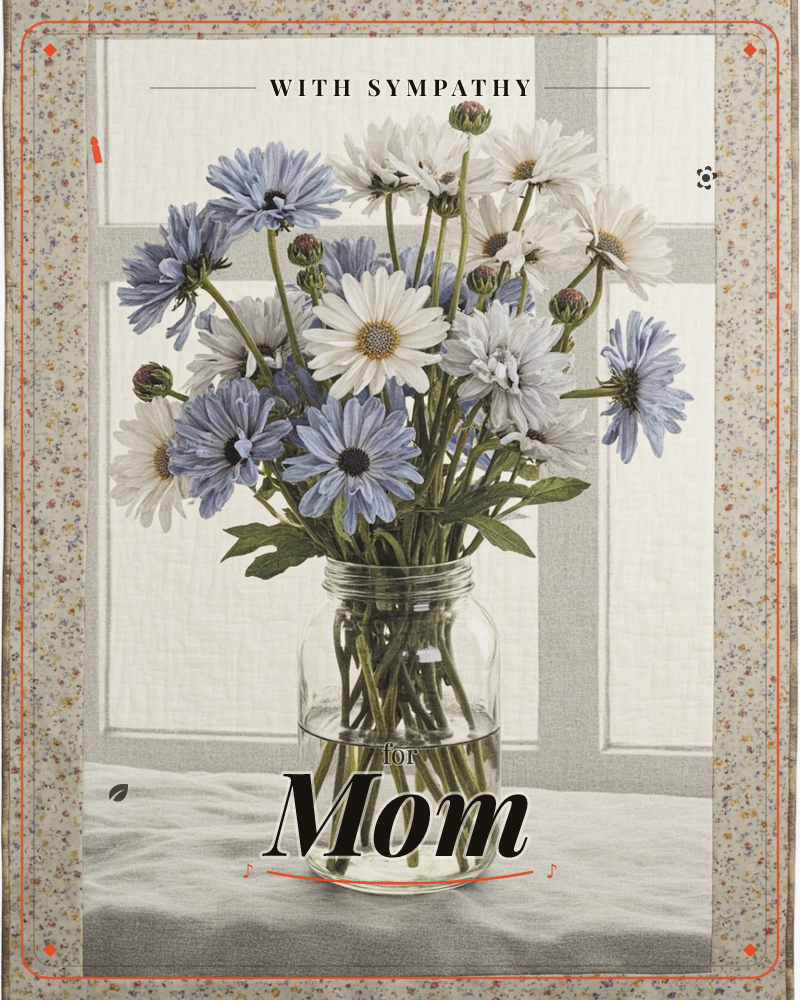 A glass jar filled with water holds a loose bouquet of blue and white daisies, their stems visible beneath the surface, set on a pale cloth before a…, a sympathy e-card design
