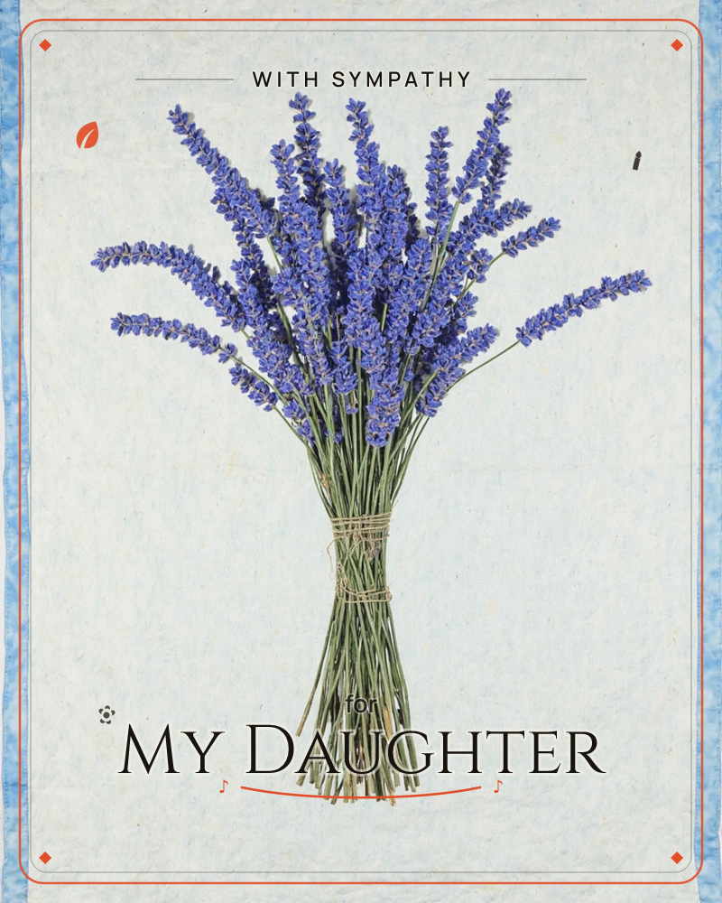 A hand-tied bundle of lavender stands upright against a soft, mottled parchment backdrop, its long green stems bound together with twine, a sympathy e-card design