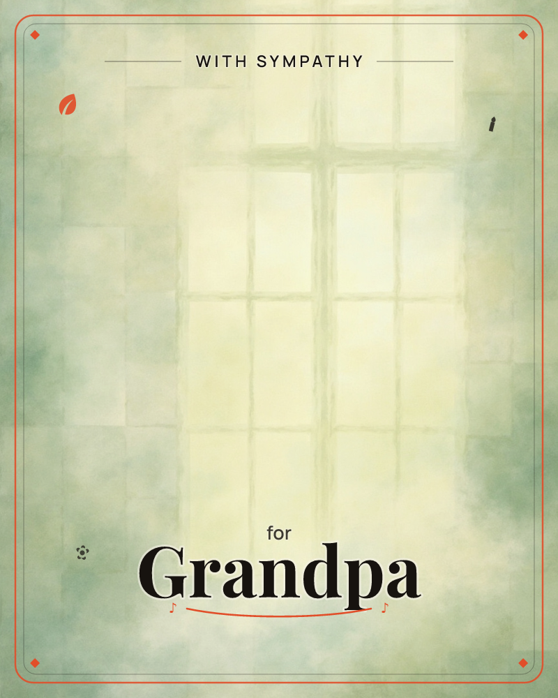 A paned window glows with soft yellow light, blurred as if seen through mist or frosted glass, set against a wall of muted sage green, a sympathy e-card design
