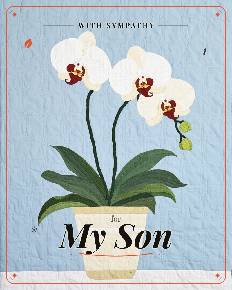 A potted phalaenopsis orchid stands against a soft blue quilted background, its two stems arching upward with white blooms marked by deep burgundy centres, a sympathy e-card design