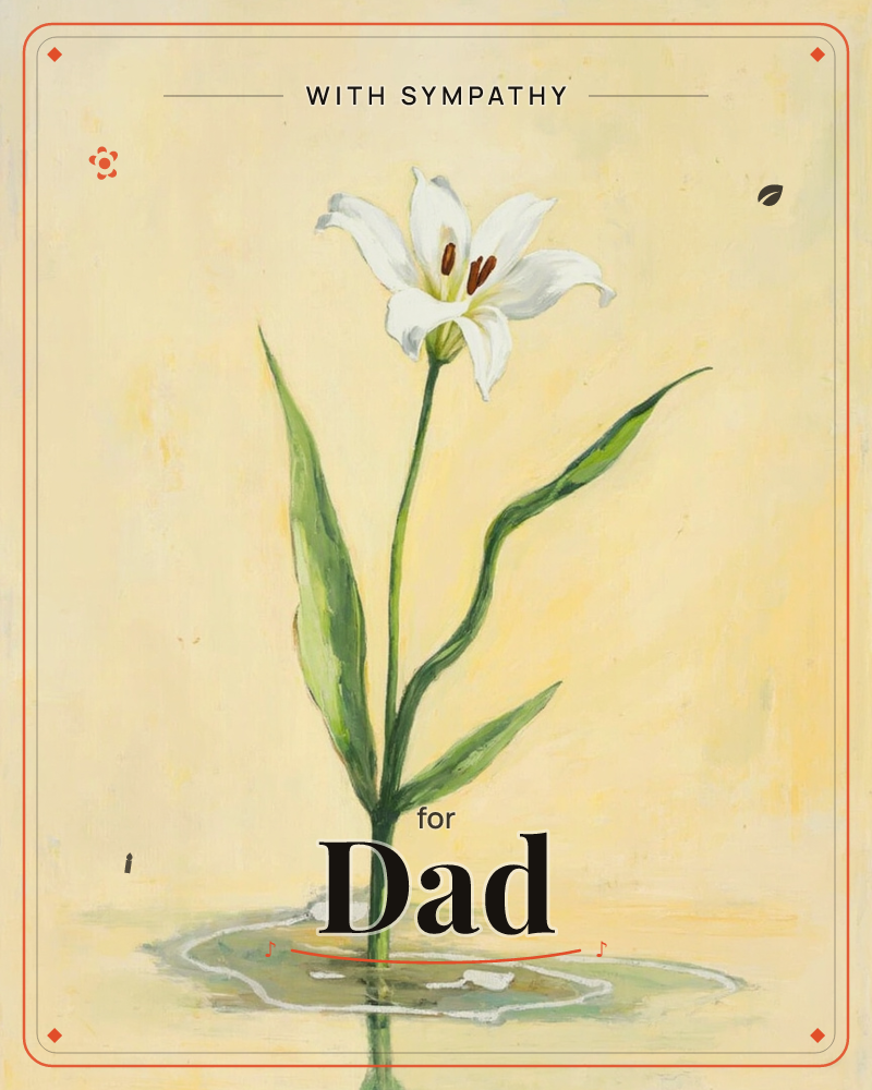 A single white lily stands upright against a warm, buttery yellow background, its petals open and curling back to reveal deep rust-coloured stamens, a sympathy e-card design