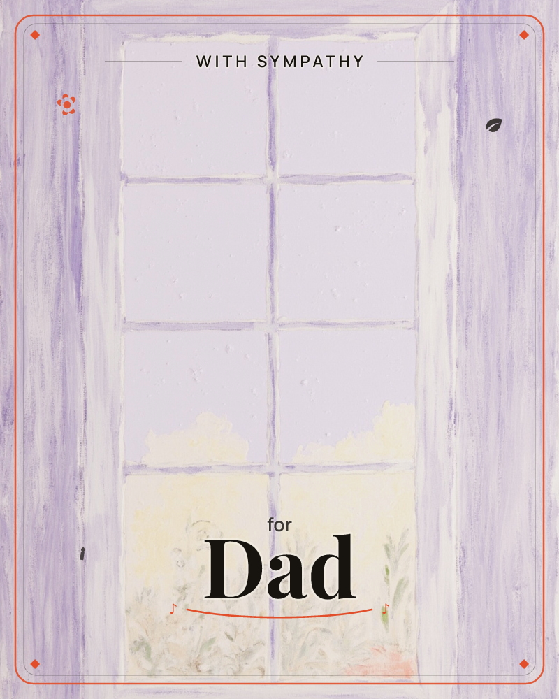 A lavender-painted window frame with eight panes looks out onto a soft lilac sky fading into pale yellow light near the horizon, a sympathy e-card design