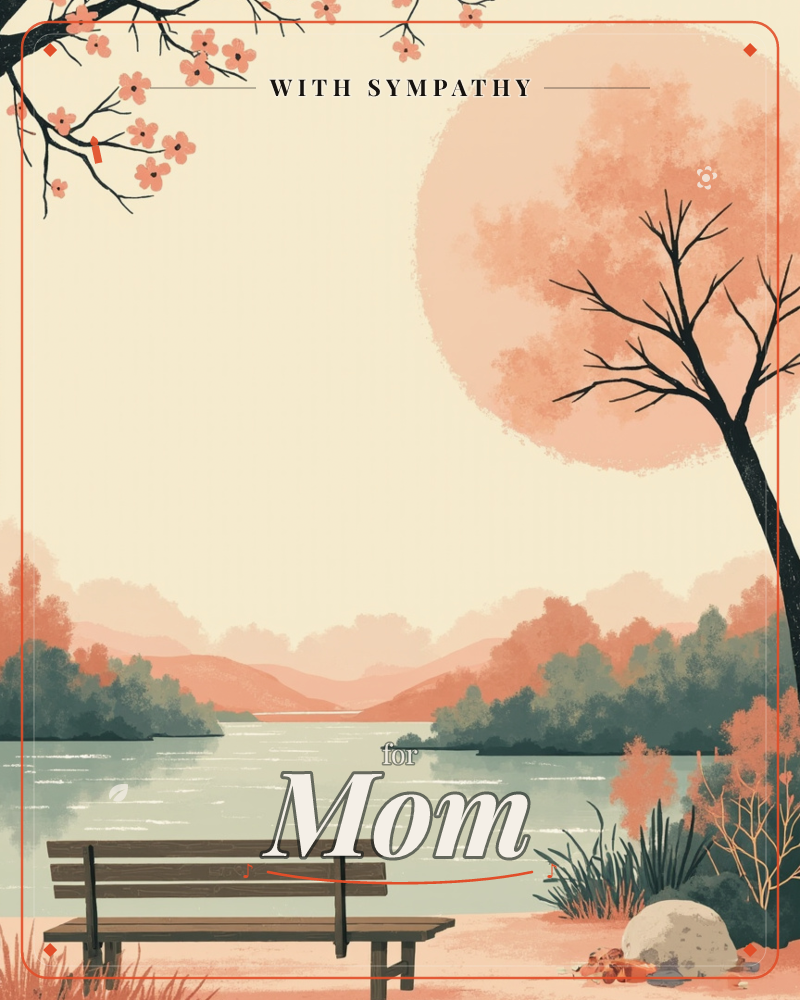 A quiet lakeside bench sits empty beneath a bare tree, its branches silhouetted against a huge pale peach moon, a sympathy e-card design