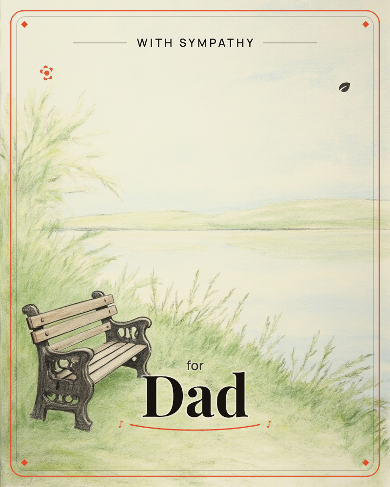 An empty wooden bench with ornate iron armrests sits on a grassy bank beside a calm, wide lake, a sympathy e-card design