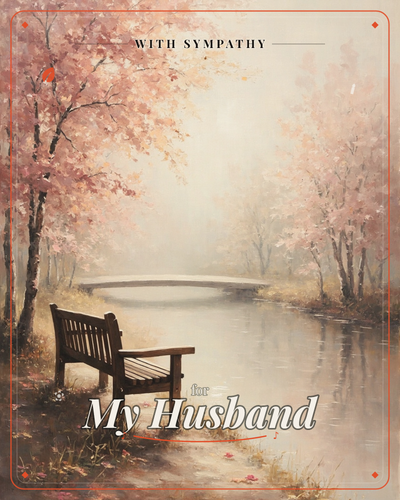 A wooden bench sits empty on the bank of a still river, framed by trees in soft pink and cream blossom, a sympathy e-card design