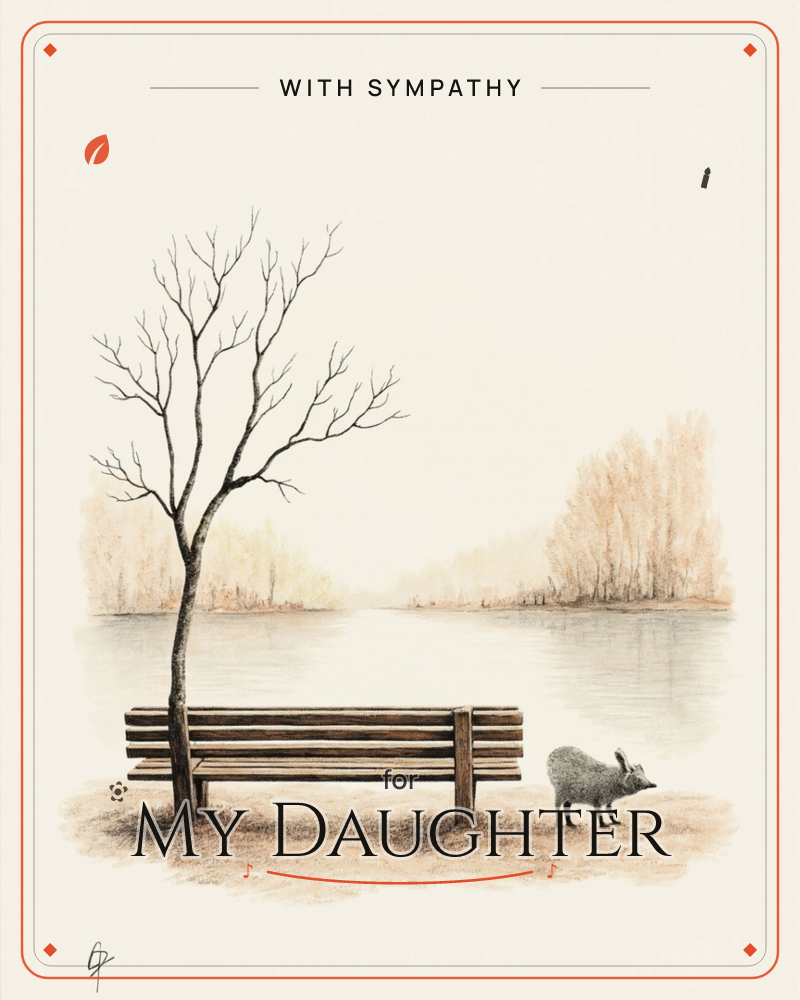 A quiet lakeside scene with a bare-branched tree leaning over an empty wooden bench, a small dog standing nearby looking out over the still water, a sympathy e-card design