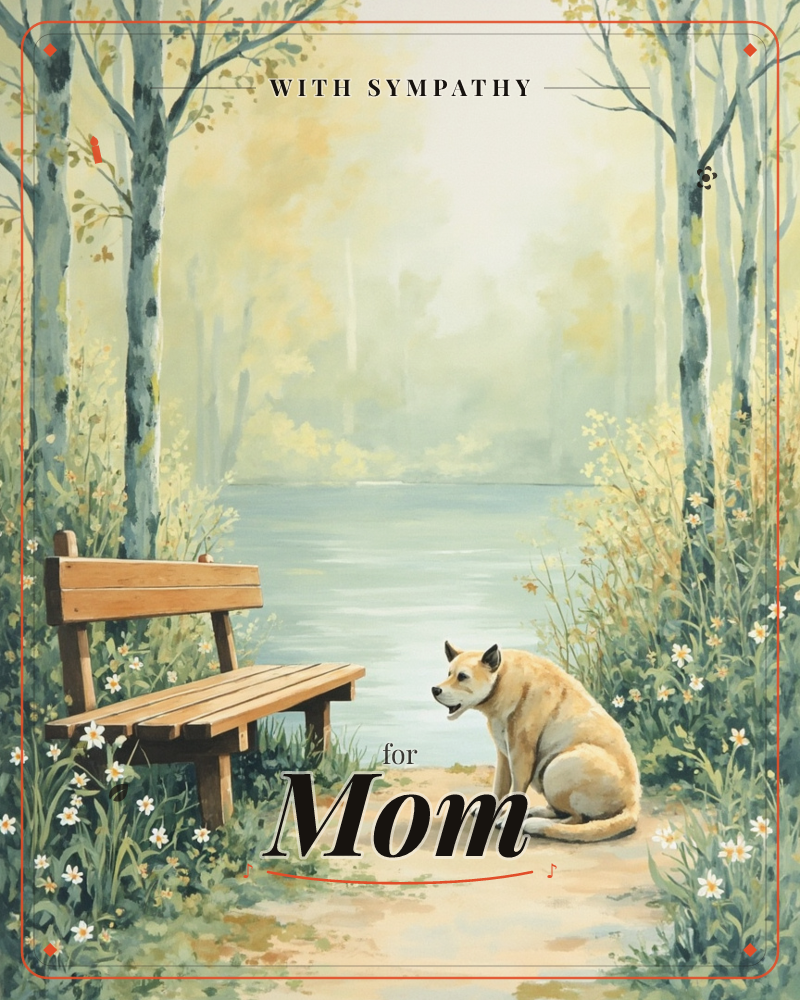 A tan-coloured dog sits quietly beside an empty wooden bench, facing a still lake framed by slender birch trees, a sympathy e-card design
