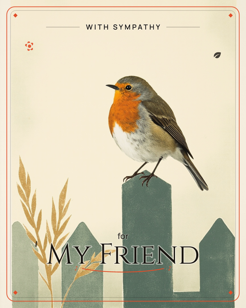 A robin with a bright orange breast perches on top of a dark teal fence post, set against a soft cream background with a vignette of shadow around the…, a sympathy e-card design