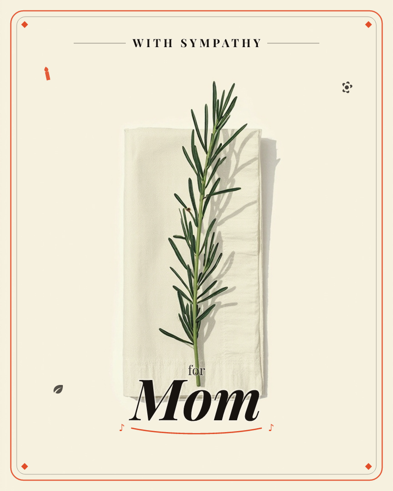 A single sprig of rosemary rests diagonally across a neatly folded cream linen napkin, photographed from above on a pale ivory background, a sympathy e-card design