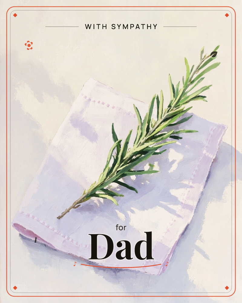 A single sprig of rosemary rests diagonally across a folded linen napkin, its hemstitched edges catching soft, cool light, a sympathy e-card design