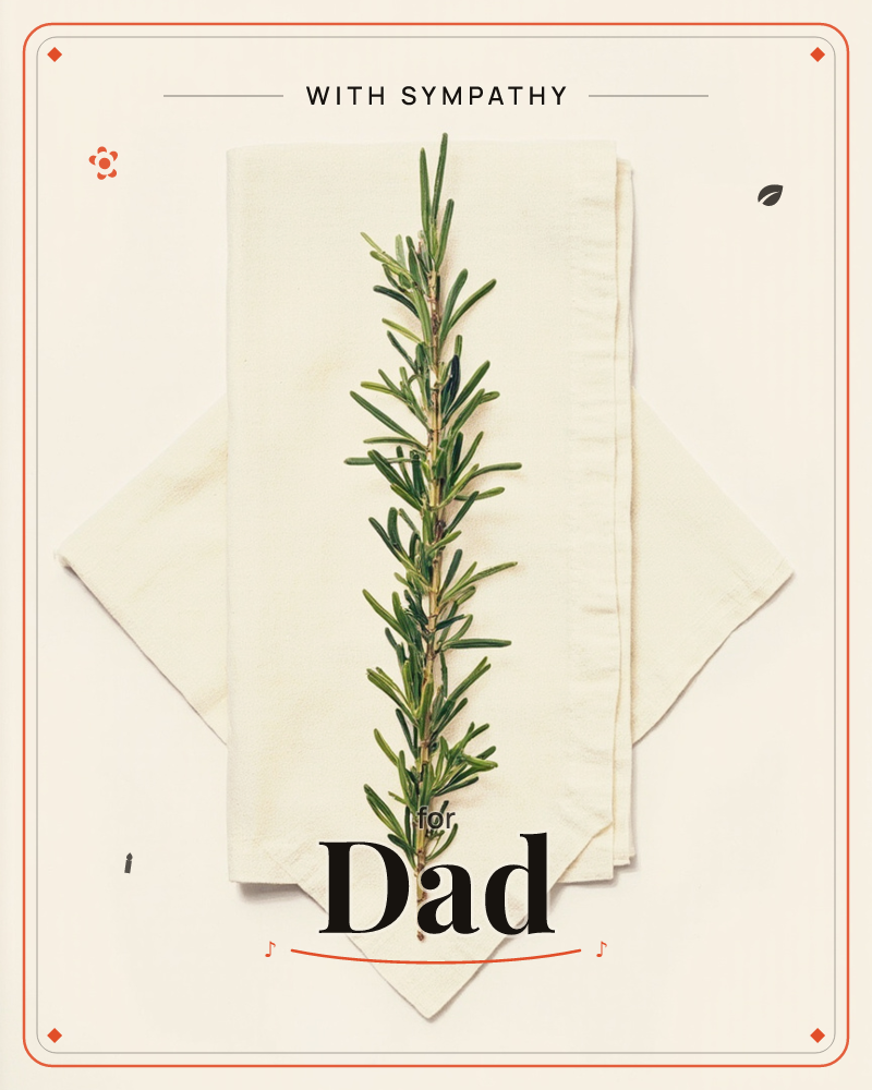 A single sprig of rosemary lies centred atop two folded cream linen napkins, arranged as diamonds against a pale ivory background, a sympathy e-card design
