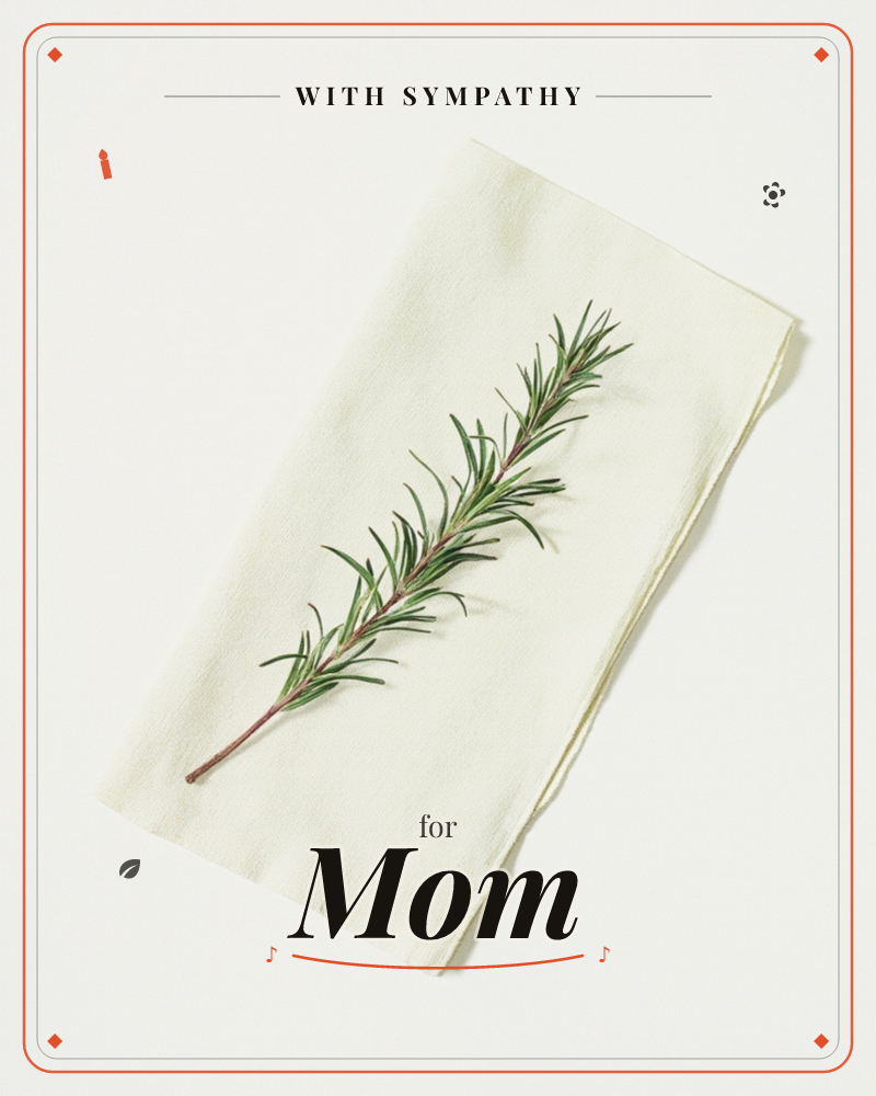A single rosemary sprig lies diagonally across a folded ivory linen napkin, its needle-thin leaves and reddish woody stem rendered in fine, almost…, a sympathy e-card design
