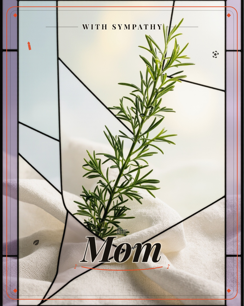 A single sprig of rosemary lies across soft folds of white cloth, the whole image broken into faceted panes like stained glass with thin black leading, a sympathy e-card design