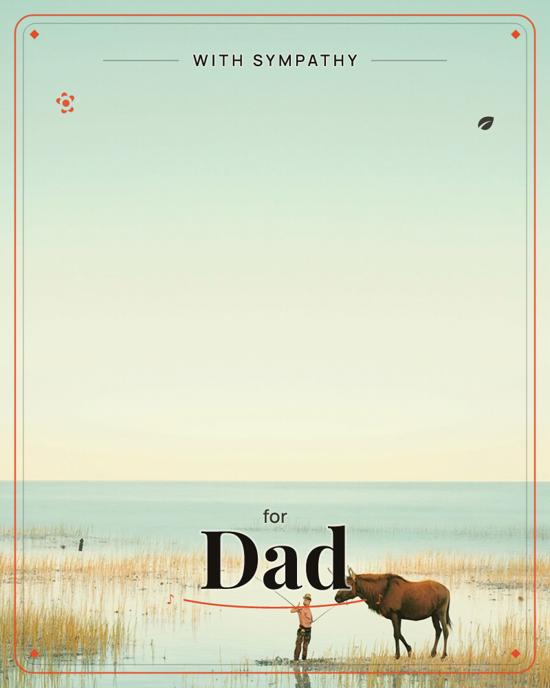 A child stands in shallow water among golden marsh reeds, casting a fishing line, while a tall moose stands calmly beside them, a sympathy e-card design