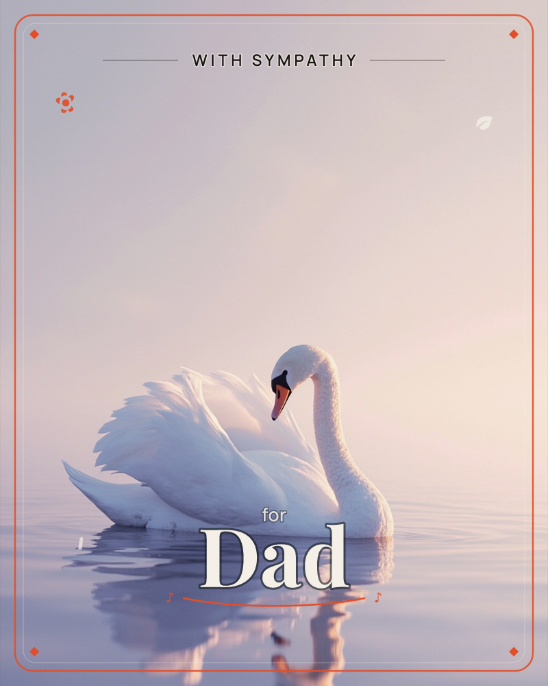 A single white swan glides across a still, misty lake at dawn, its wings slightly raised and its reflection mirrored in the calm water below, a sympathy e-card design