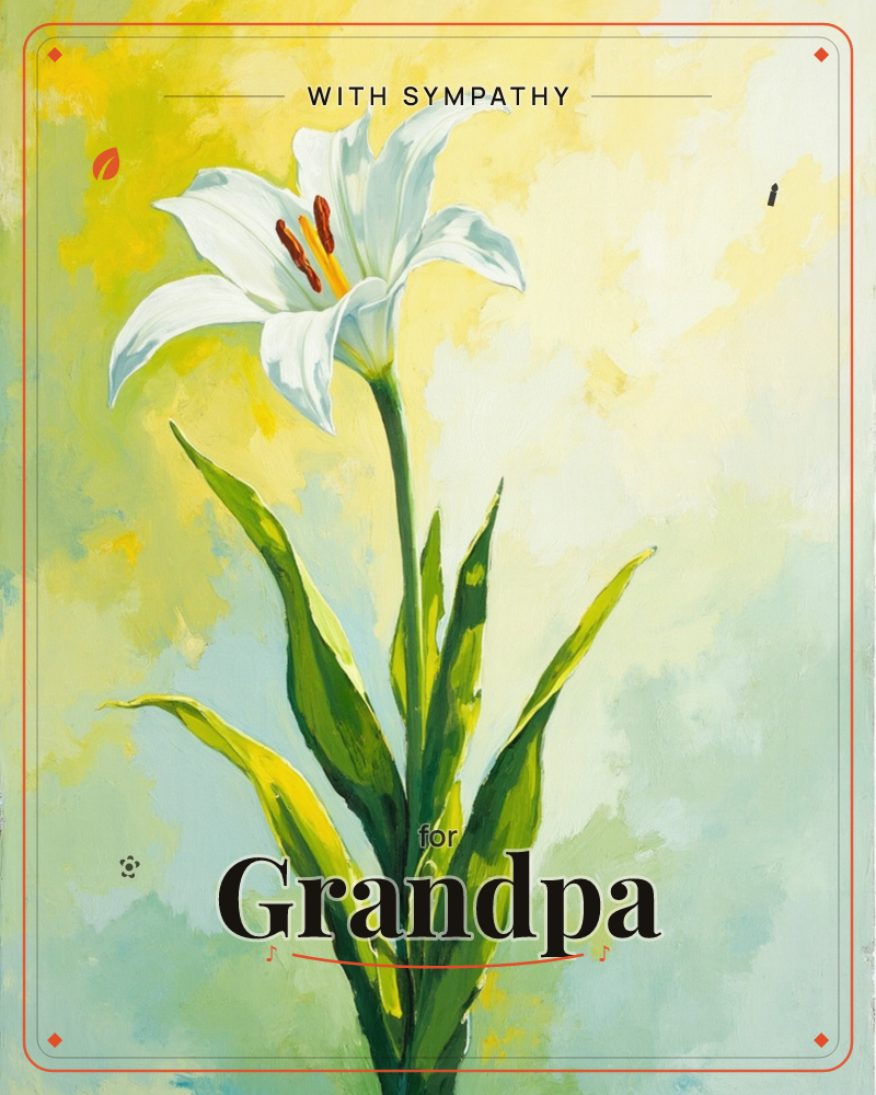 A single white lily opens against a soft wash of yellow and pale blue, its trumpet-shaped petals curling back to reveal rust-red stamens, a sympathy e-card design