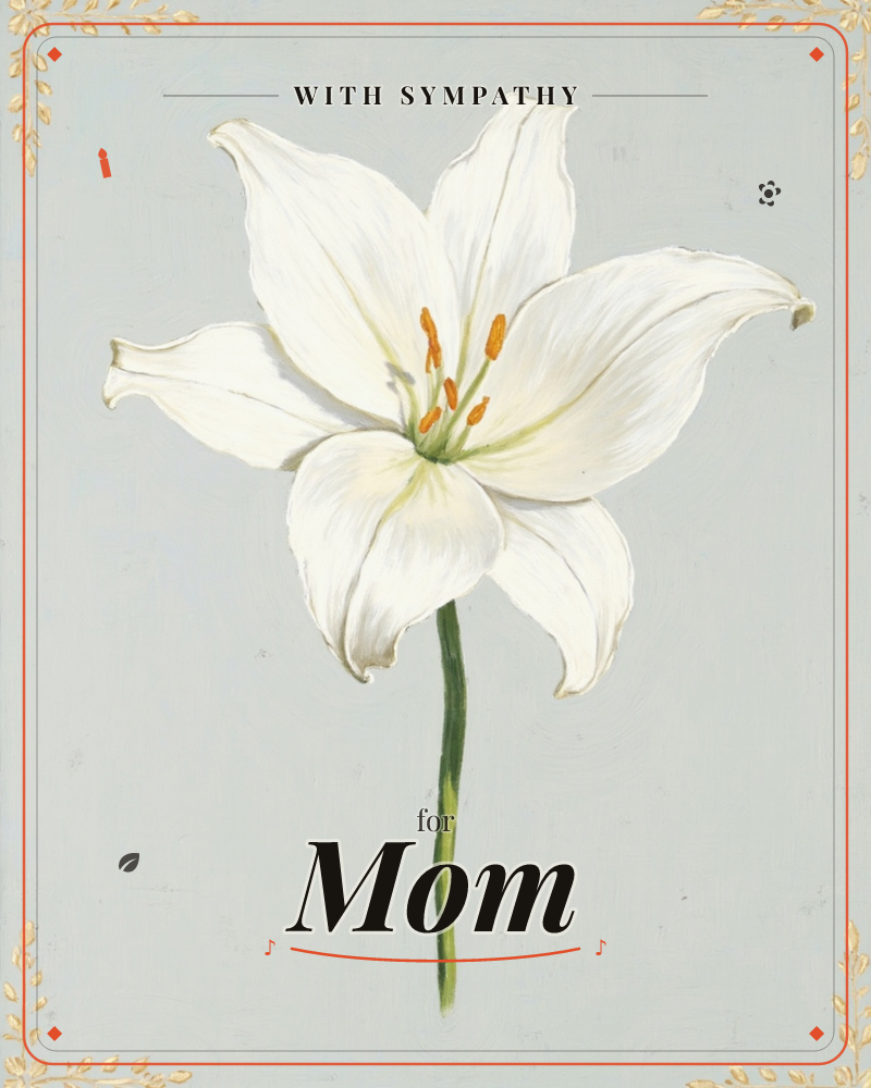 A single white lily is painted centre-stage against a soft pale blue-grey background, its six petals curling open around bright orange stamens, a sympathy e-card design