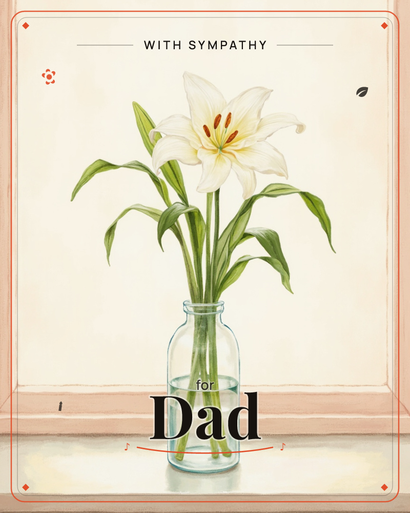 A single white lily with rust-orange stamens stands in a clear glass bottle of water, set on a windowsill glowing with soft backlit light, a sympathy e-card design