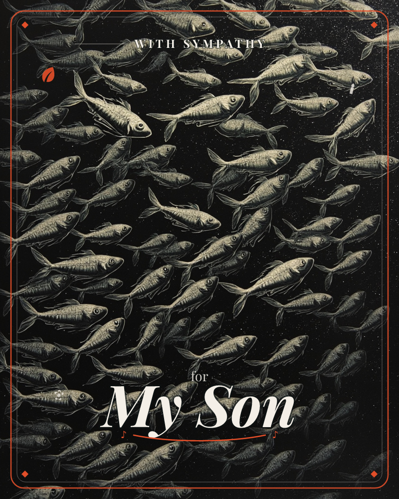 A dense shoal of small fish fills the whole card, each one etched in fine scratchy lines against deep black water, a sympathy e-card design