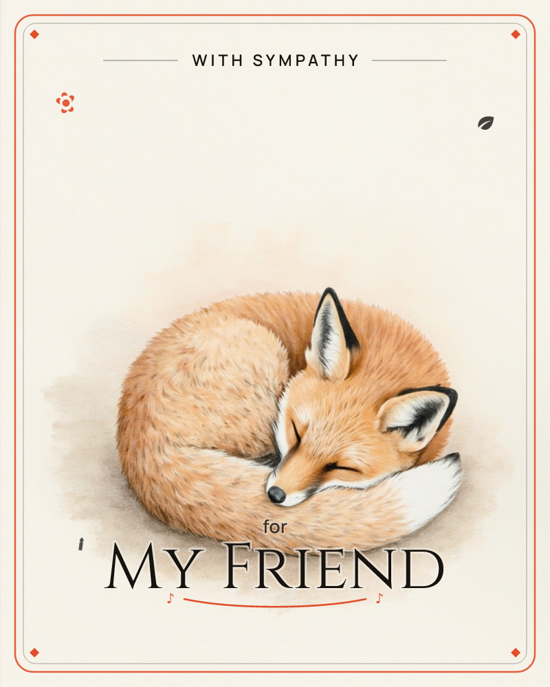 A red fox lies curled into a tight, sleeping circle, nose tucked against its own white-tipped tail, a sympathy e-card design
