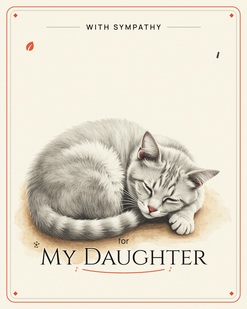 A grey tabby cat is curled into a tight sleeping ball, nose tucked toward its front paws and striped tail wrapped around its body, a sympathy e-card design