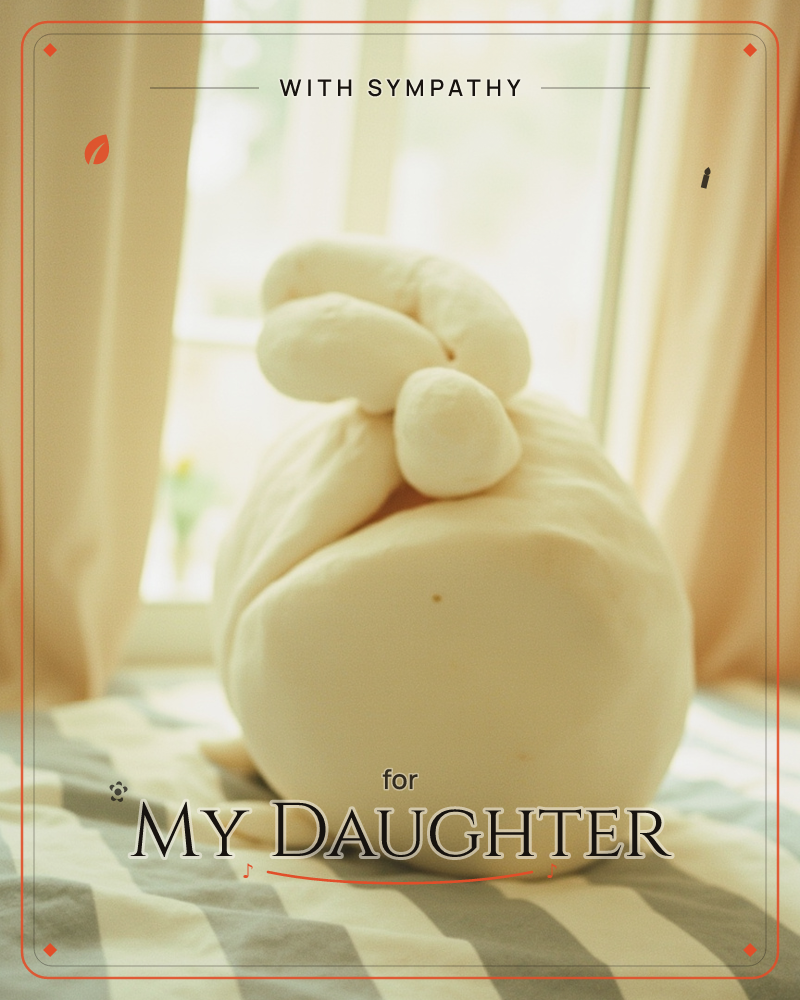 A soft, round plush rabbit with folded-back ears sits on a striped bed, its back turned to the camera, a sympathy e-card design