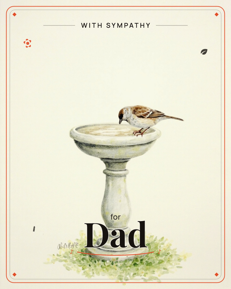 A small sparrow perches on the rim of a stone birdbath, peering down at the still water below, a sympathy e-card design