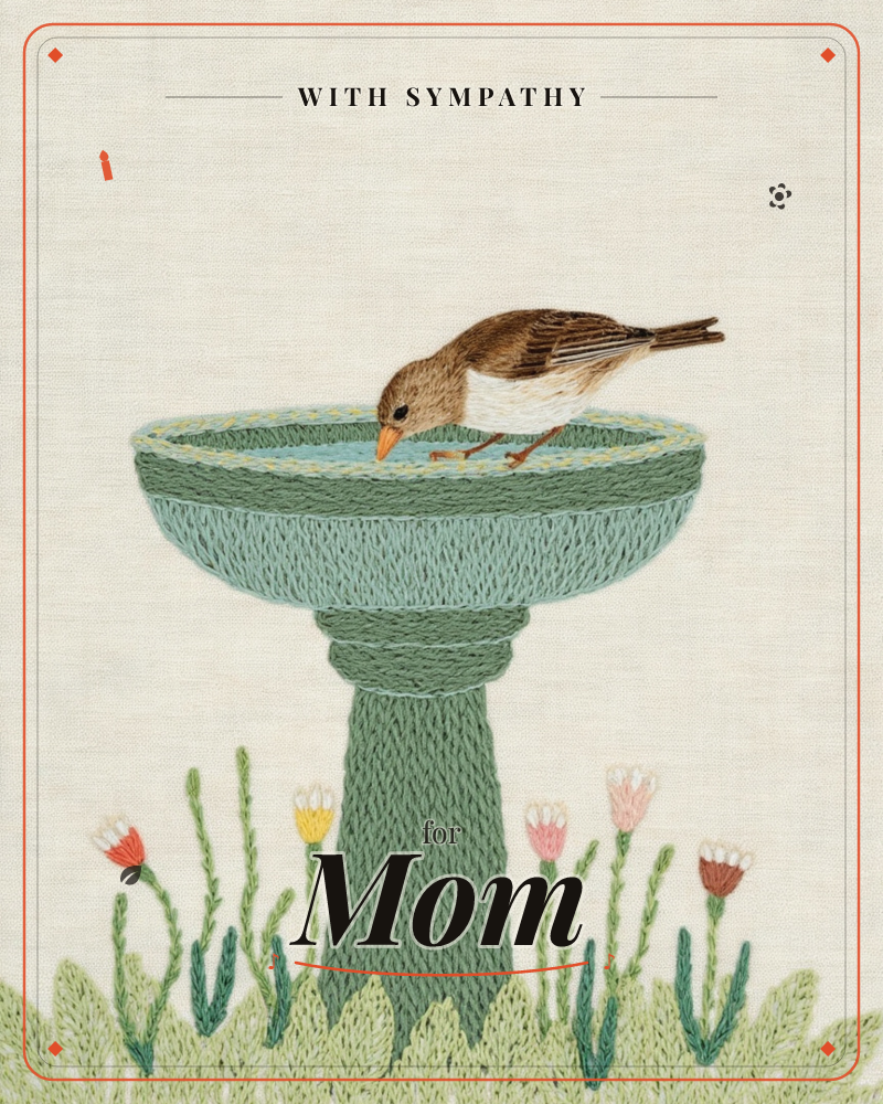 An embroidered illustration on natural linen shows a small brown bird perched at the edge of a teal stone birdbath, dipping its beak toward the water, a sympathy e-card design