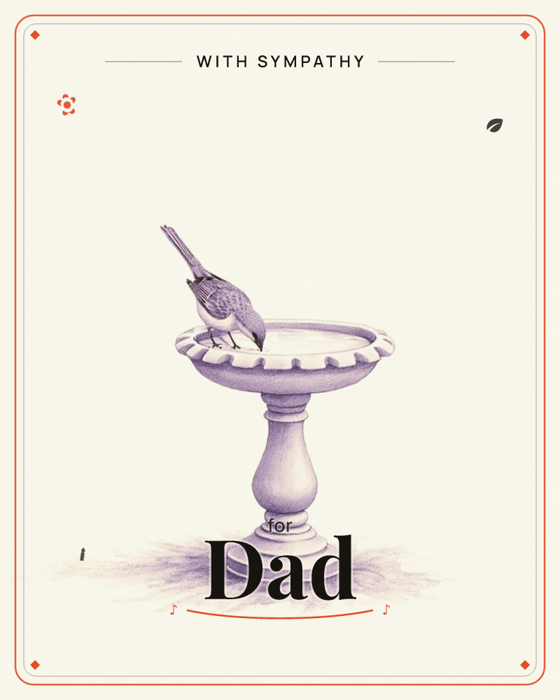 A single small bird perches on the scalloped rim of a classic stone birdbath, bending down to drink from the water pooled inside, a sympathy e-card design
