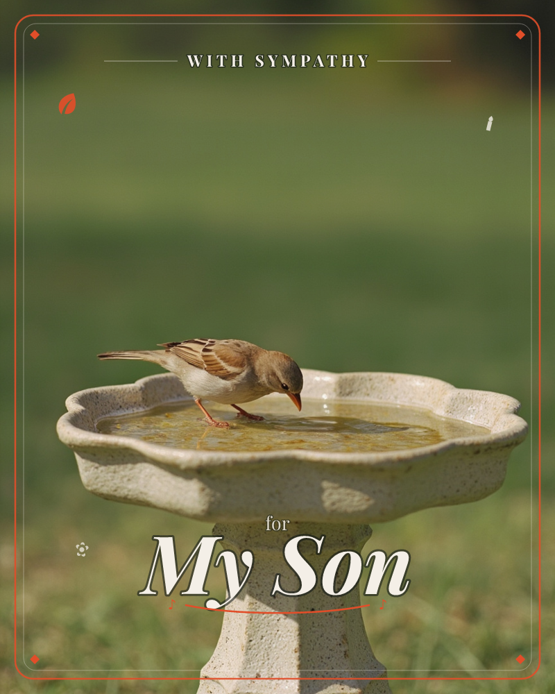 A small sparrow stands in the shallow water of a scalloped-edge stone birdbath, dipping its beak to drink, a sympathy e-card design