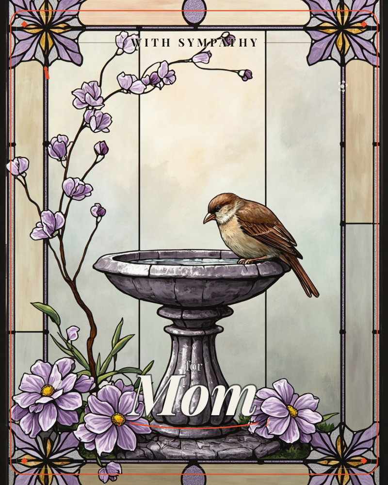 A small sparrow perches on the edge of a stone birdbath, framed by trailing branches of lilac blossom and cosmos flowers below, a sympathy e-card design