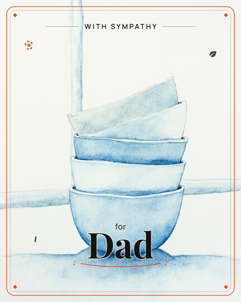 A stack of pale blue bowls, four rounded and one tilted plate balanced on top, sits on a plain counter in front of a faint window frame, a sympathy e-card design