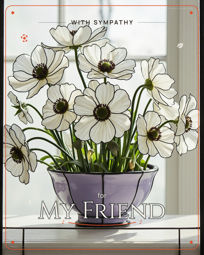 A cluster of white anemones, their petals outlined in bold black like stained glass, rises from a lilac ceramic bowl on a windowsill, a sympathy e-card design