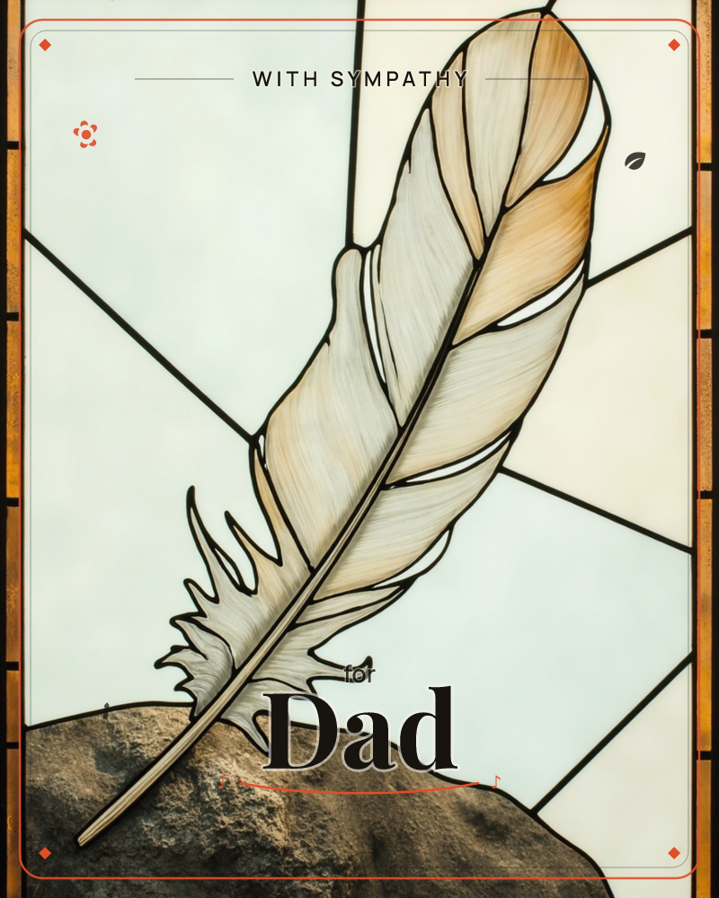 A single feather rendered as a stained-glass window, its quill resting against a dark rock while the vane fans upward in panes of cream, amber and soft…, a sympathy e-card design