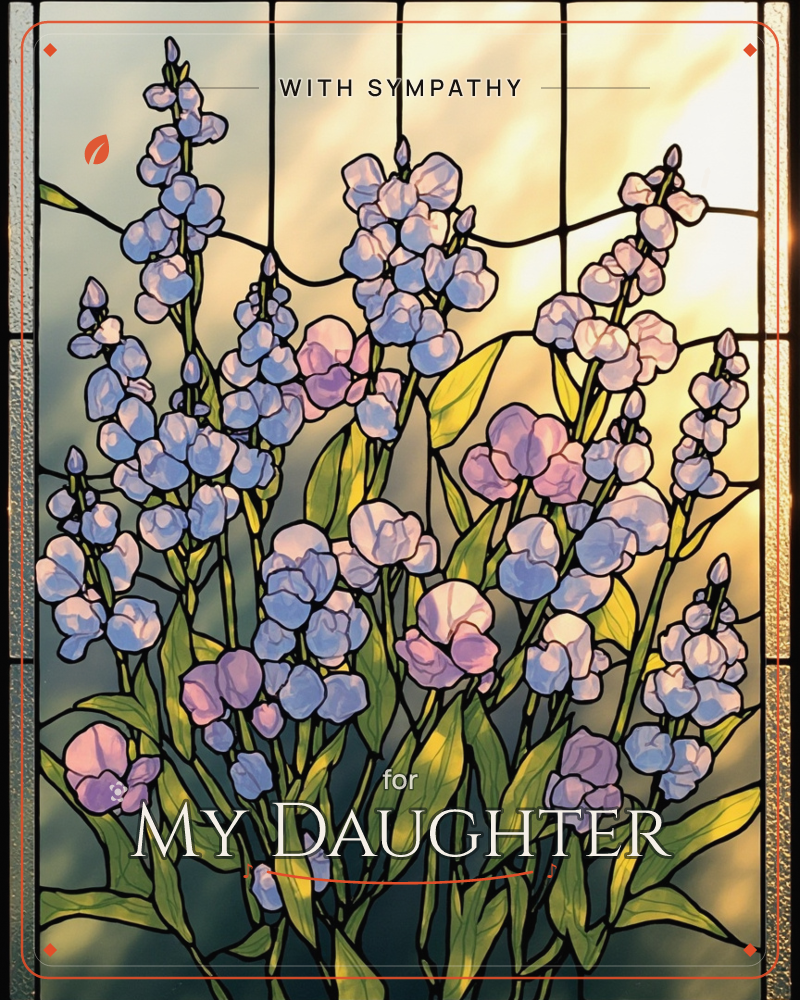 A stained-glass style window blooms with tall spires of blue and lilac flowers, their leaded black outlines catching a warm golden light glowing from…, a sympathy e-card design