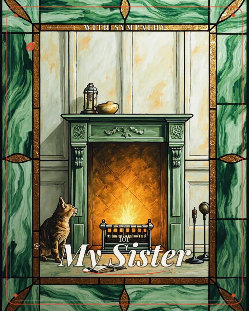 A tabby cat sits on a stone hearth gazing up at a lit fireplace framed in green marble, its flames glowing amber against a paneled wall, a sympathy e-card design