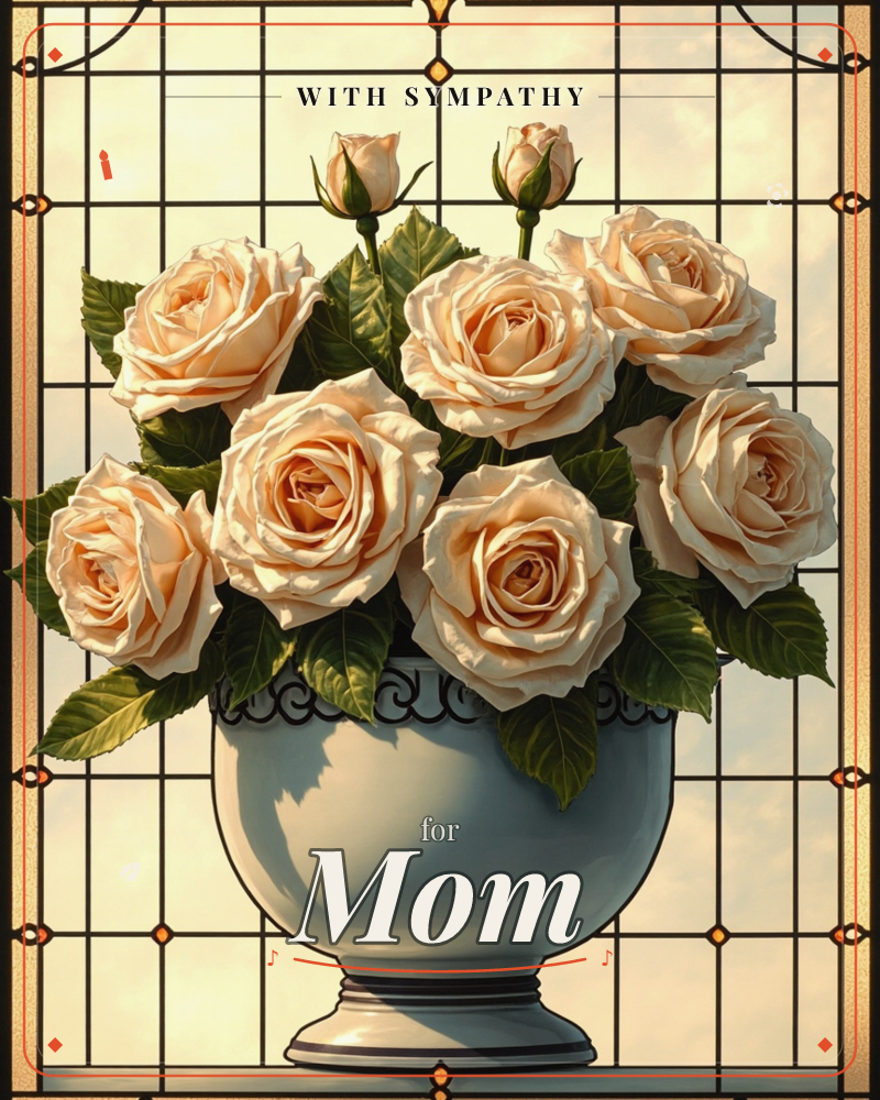 A round white vase holds a full bouquet of peach-toned roses, some fully open and two still budding, set against a leaded, diamond-paned window backlit…, a sympathy e-card design