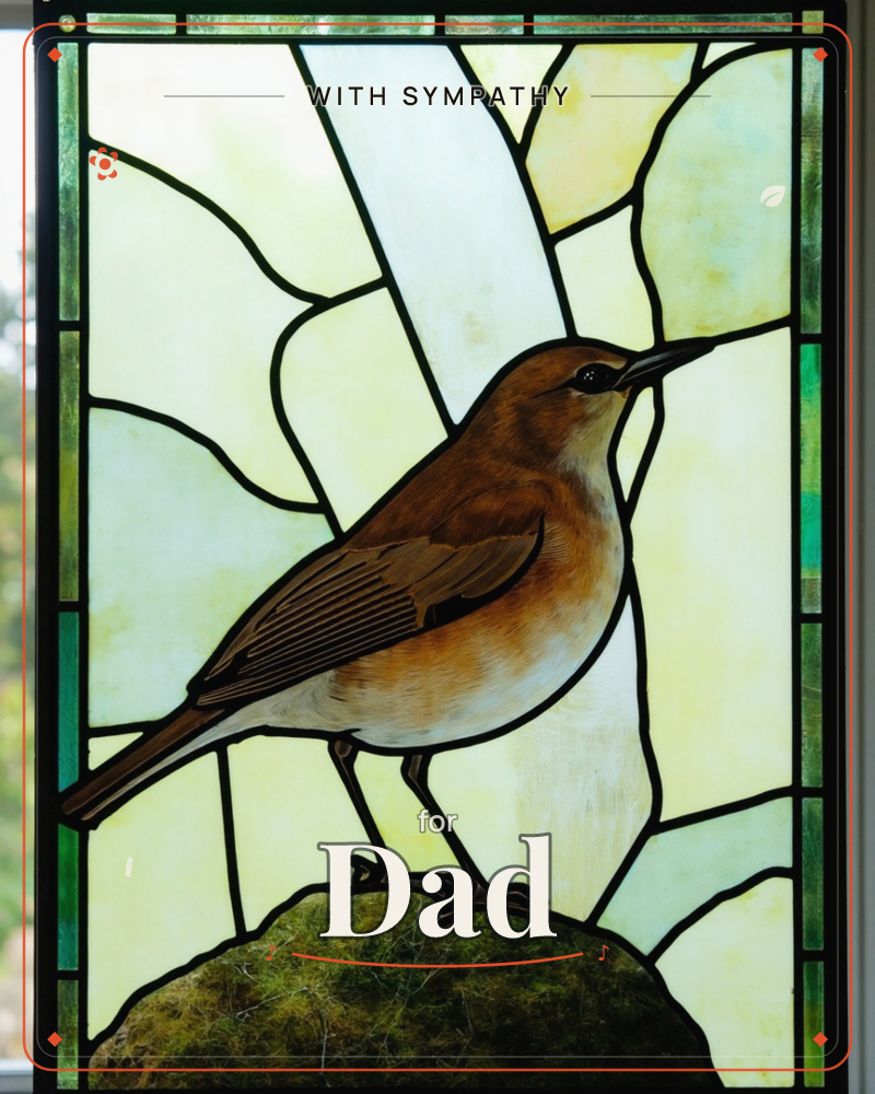 A stained-glass panel shows a robin-brown bird perched on a mossy stone, its lead lines dividing a pale cream and soft green background into angular…, a sympathy e-card design